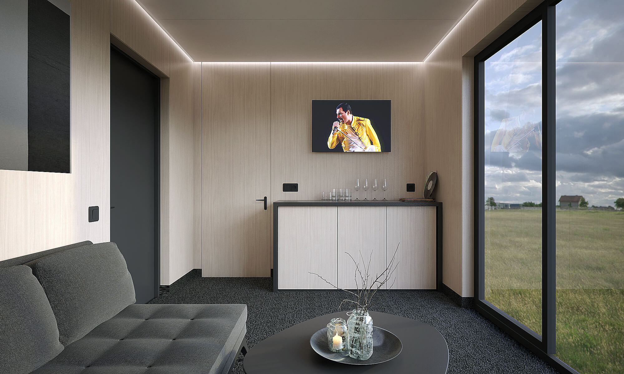 toitoi „mobile lounge“ konteinerio interjeras|tv, šaldytuvas, didelis langas